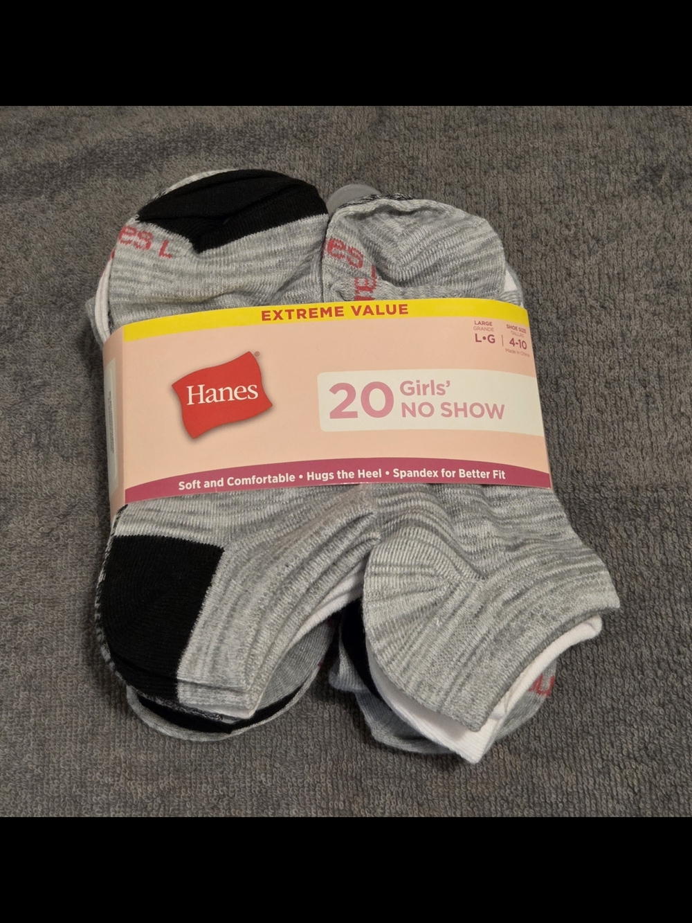 Hanes Girls' No-Show Socks - Gray, Black, White (20 Pack)
